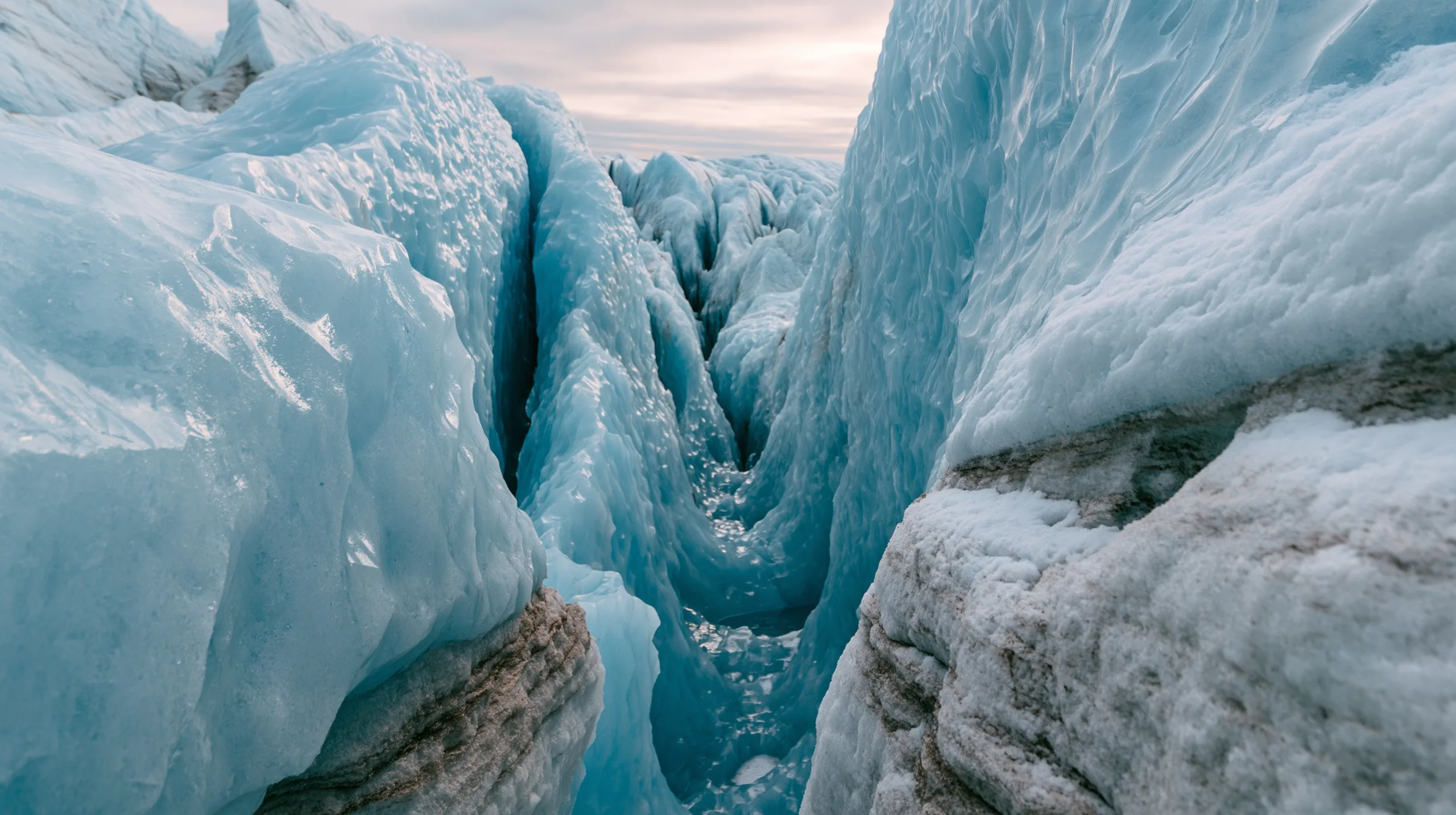 A wide-angle documentary photograph of a deep, sheer-walled crevasse cutting through the ancient blue ice of the Vatnajökull glacier under an overcast sky.