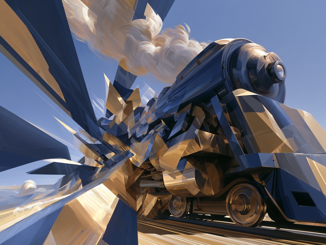 A steam locomotive rendered in Cubo Futurism with fractured geometric planes, metallic facets, and dynamic motion lines.