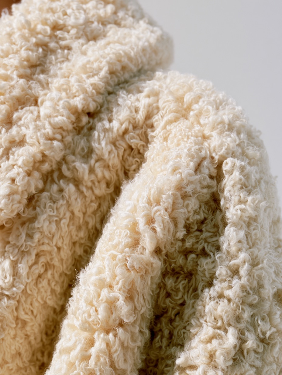An oversized jacket made from cream-white curly shearling, revealing plush crimped wool textures under soft studio light.