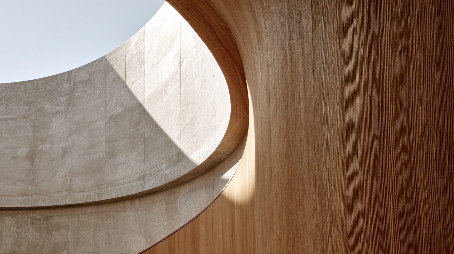 Curved cedar millwork sweeps gracefully along the wall of a minimalist architectural corridor in soft ambient light.