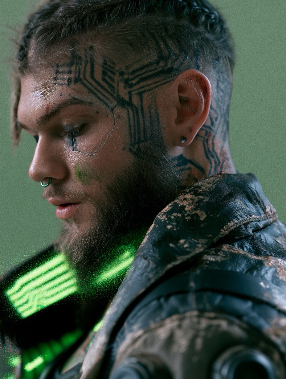 A portrait of a cybernetic musician with glowing circuit tattoos rendered in Cyber-grunge aesthetic.