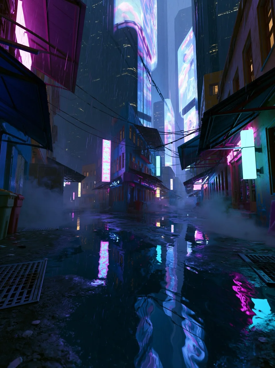 A rainy city street filled with glowing neon signs and towering skyscrapers in the distinct cyberpunk aesthetic.