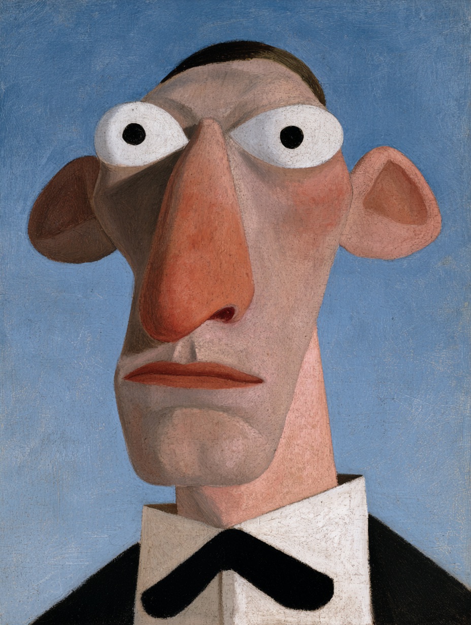 A dada portrait of a man assembled from cut-out photographs, vintage newsprint clippings, and mismatched mechanical parts.