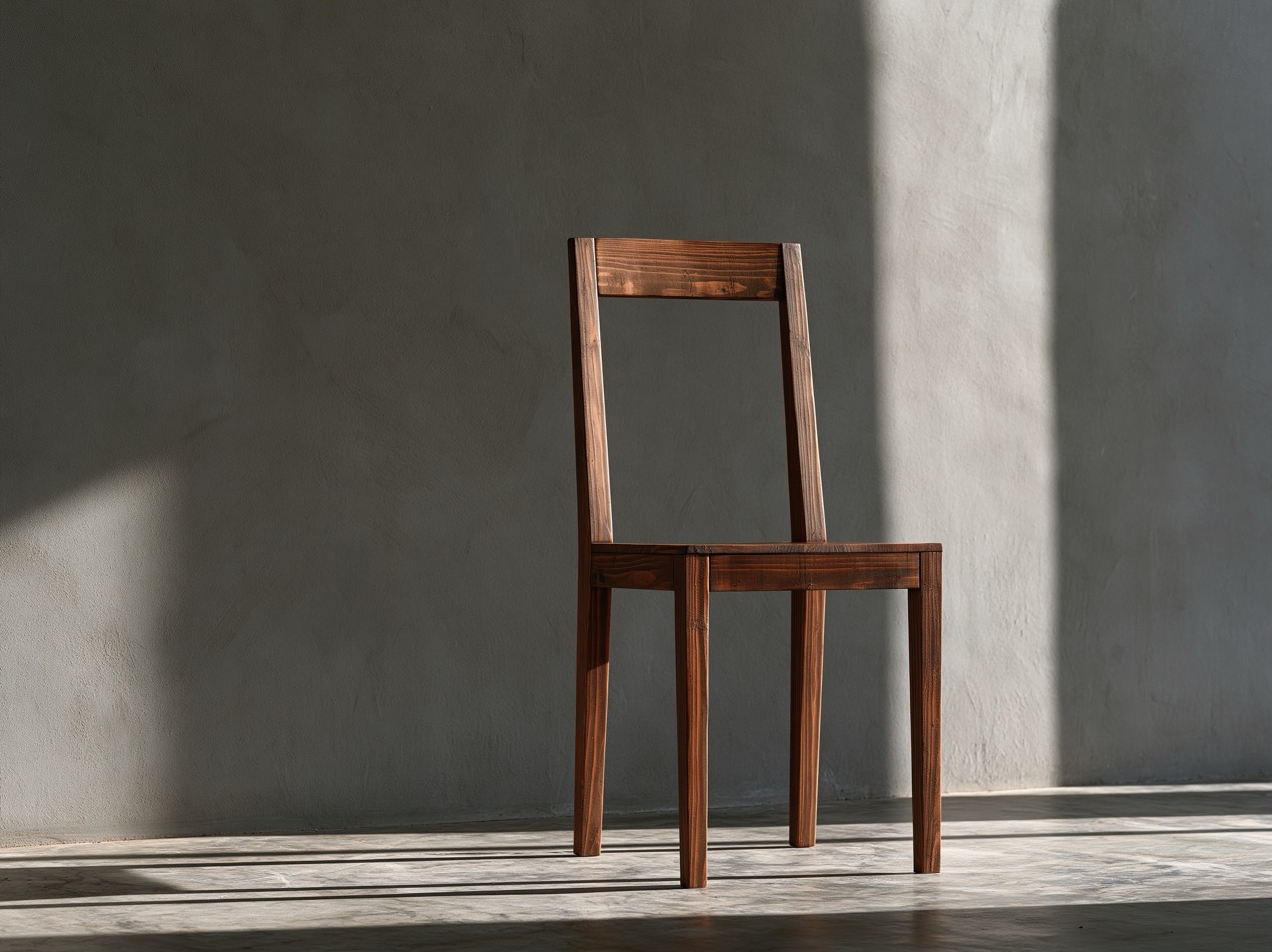 A minimalist wooden chair rendered in a damp cedar palette, bathed in diffused indoor light.