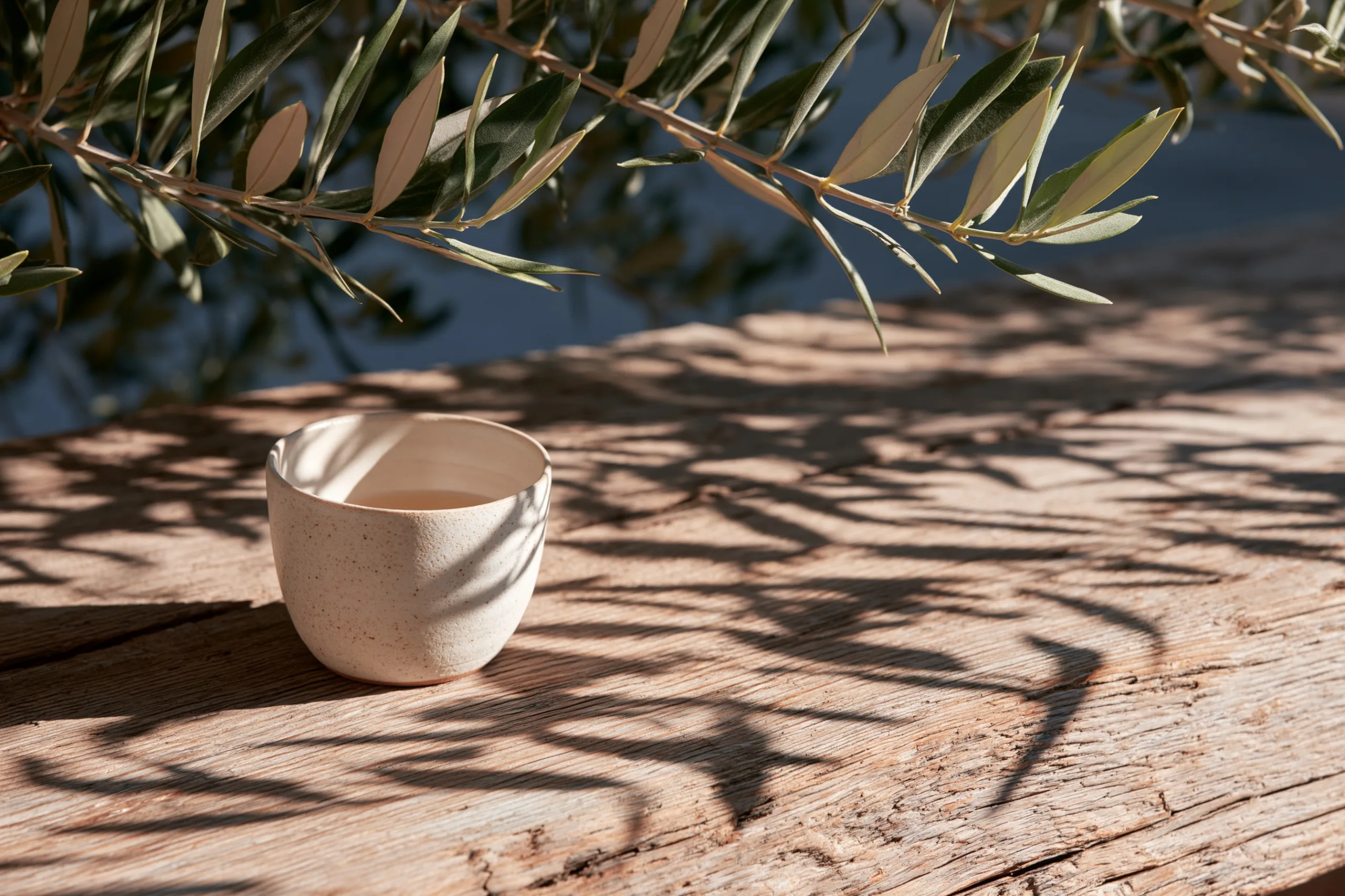 Warm dappled sunlight filters through leaves, casting intricate leafy shadows across a ceramic teacup on a wooden table.