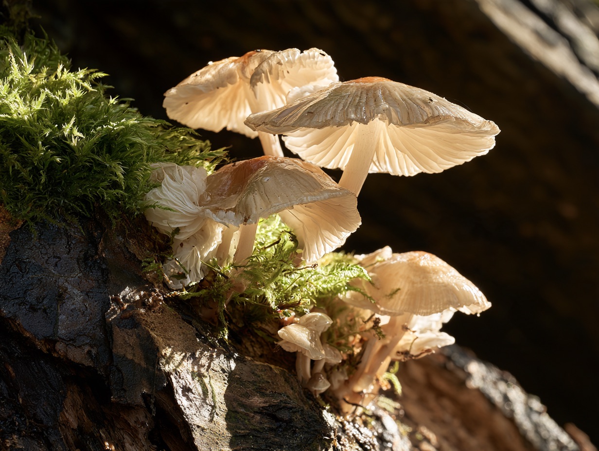 A cluster of wild mushrooms and velvet moss growing on a fallen branch rendered in dark naturalism.