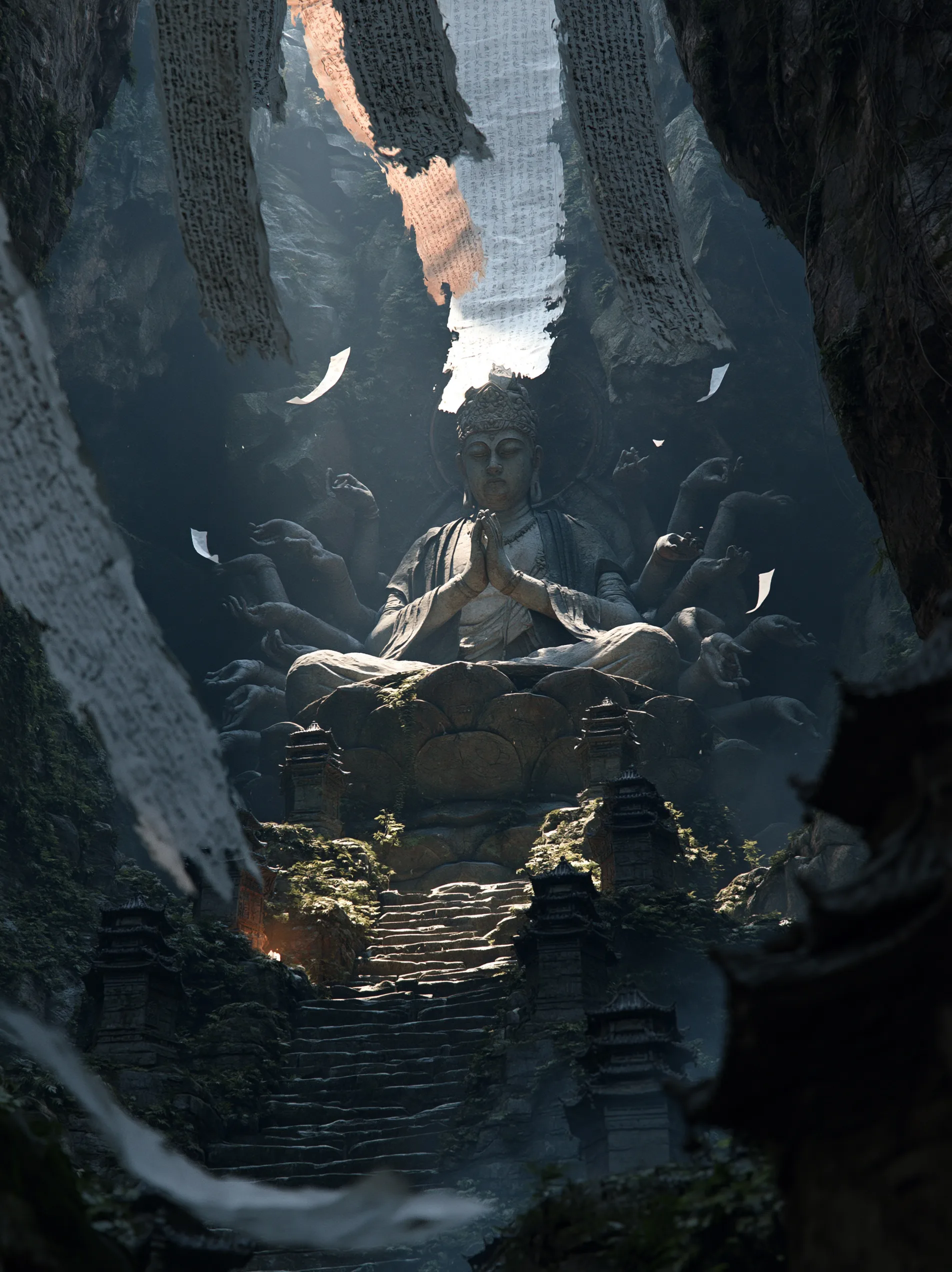 A weathered stone statue of an ancient deity stands inside a crumbling mountain shrine, shrouded in fog and rendered in a moody dark xianxia aesthetic.