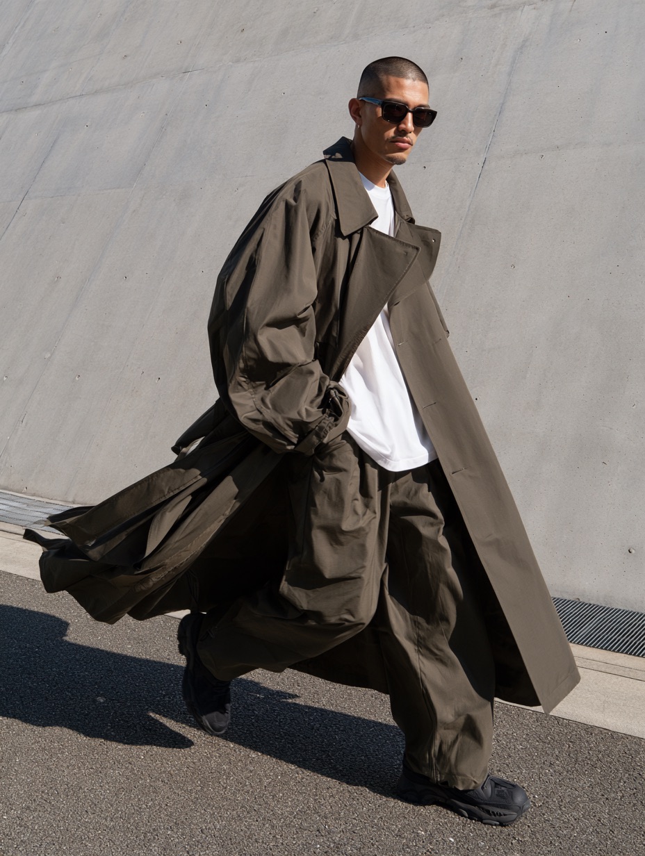 A man in sunglasses walks alongside a concrete wall wearing an oversized darkkhaki trench coat and matching wide-leg pants.