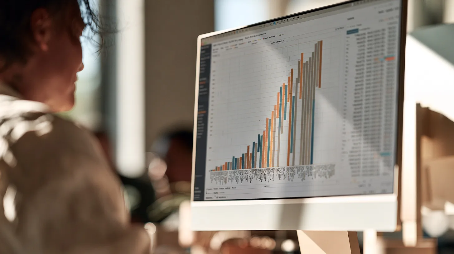 A data waterfall chart with warm sand-toned bars and a brick-red accent, lit by window light on a white surface.