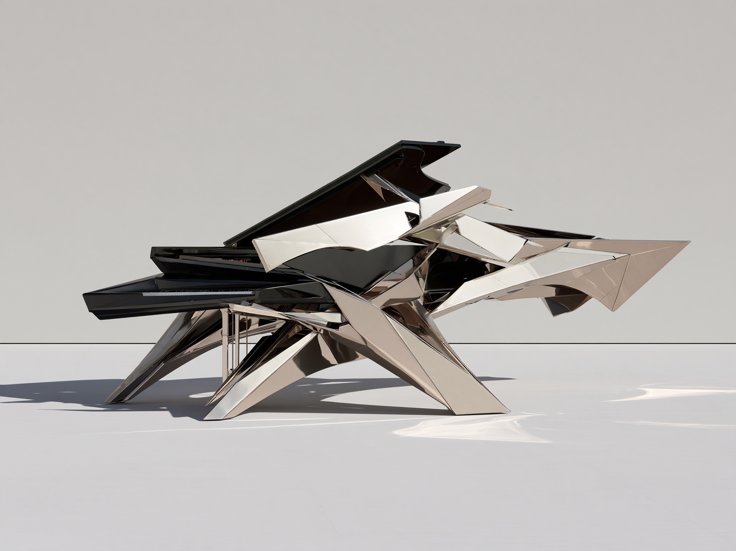 A grand piano designed in Deconstructivism with fragmented titanium panels and sharp, intersecting geometric facets.