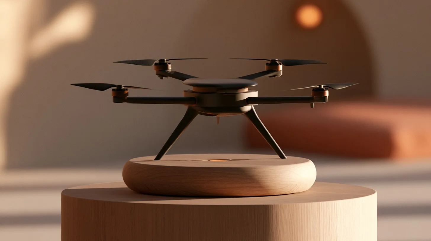 A sleek modern hexacopter hover-docks at a warm wooden station, capturing delivery drone logistics in quiet-luxury style.