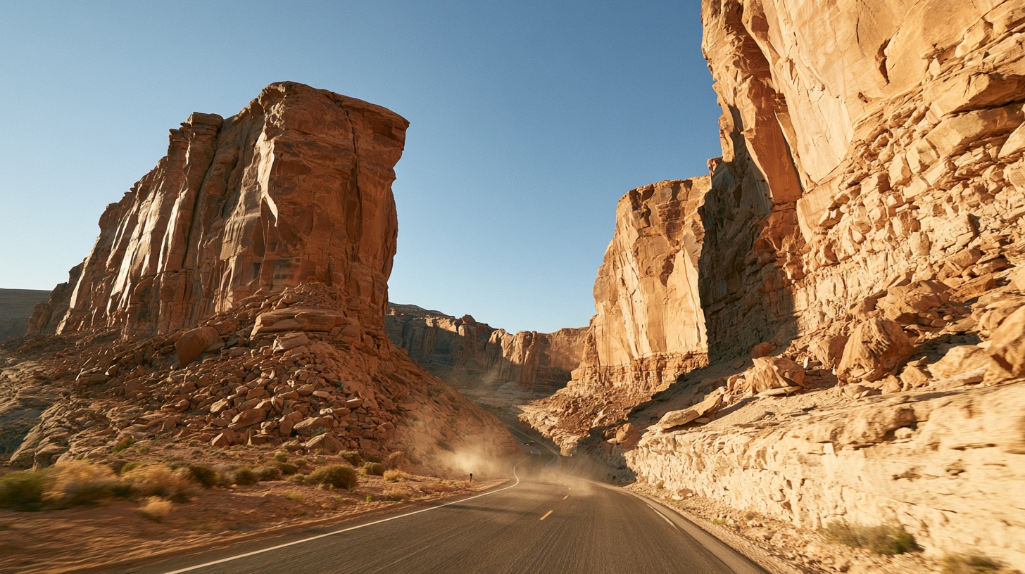 Low angle shot of a desert canyon highway curving between steep red cliffs under warm late afternoon sunlight.
