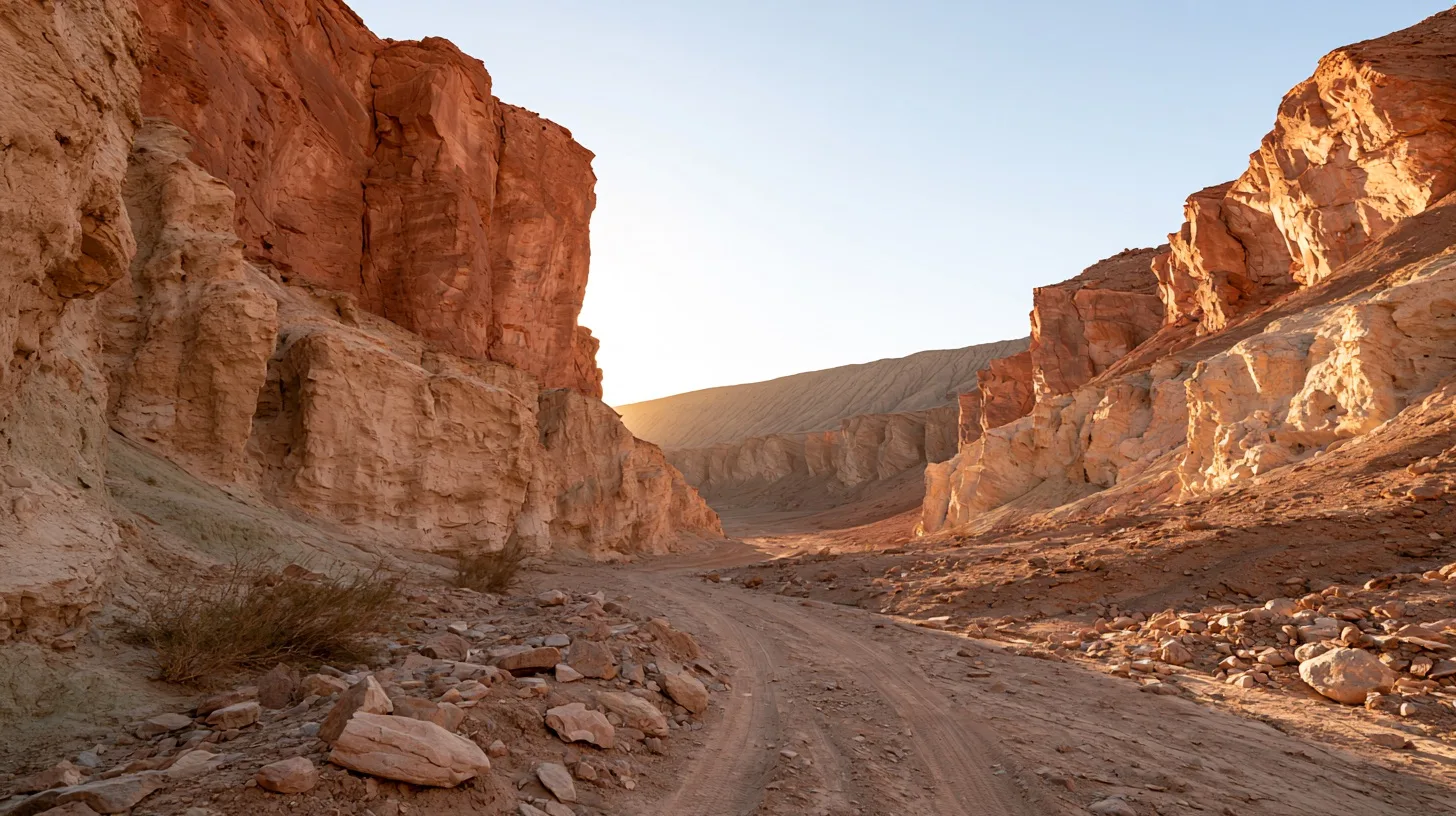 A desert canyon at sunset glows in a desert palette of terracotta, sand, and ochre, with muted sage accents.