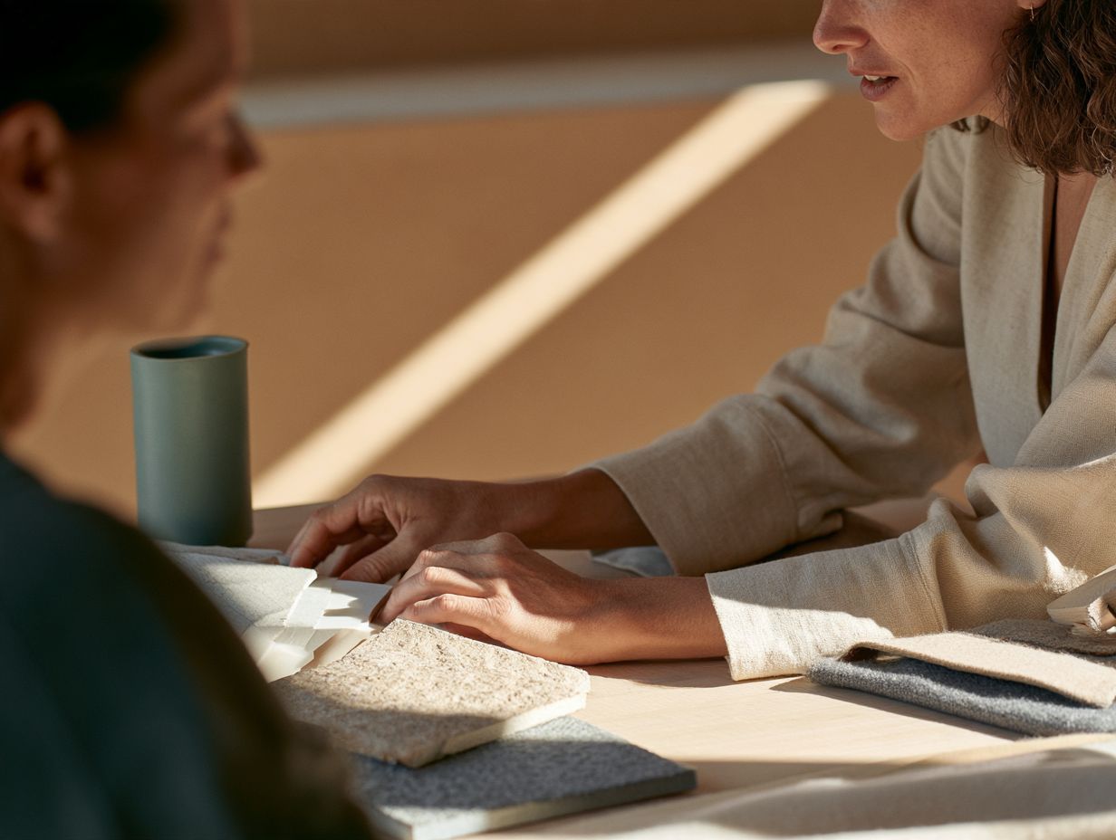 A designer displays stone and wool swatches on a light oak table for a client under soft raking window light.