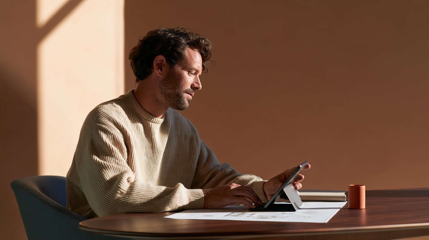 A man in profile reviews plans on a propped tablet at a dark wood table beside a sunlit plaster wall.