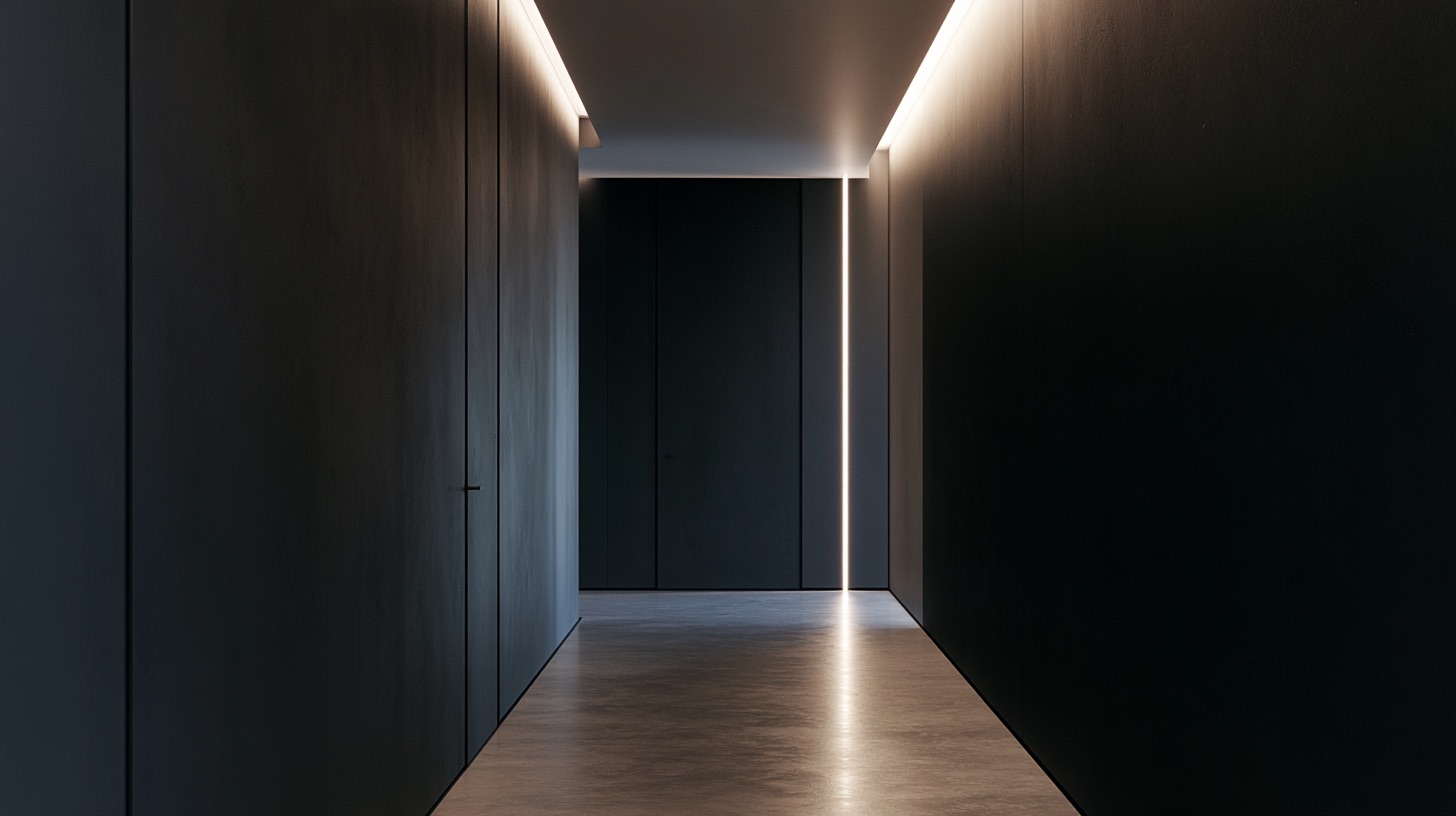 A minimalist modern hallway illuminated softly by a hidden diffused light cove running along the ceiling wall seam.