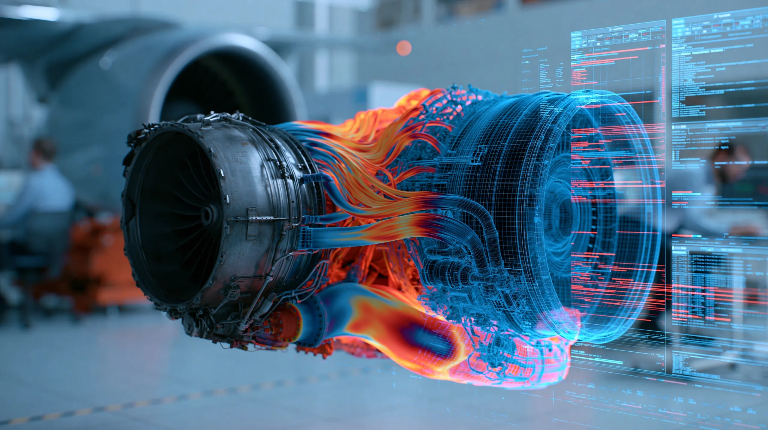 A digital twin simulation of a jet engine, displaying a glowing blue holographic overlay of heat maps and sensor data.