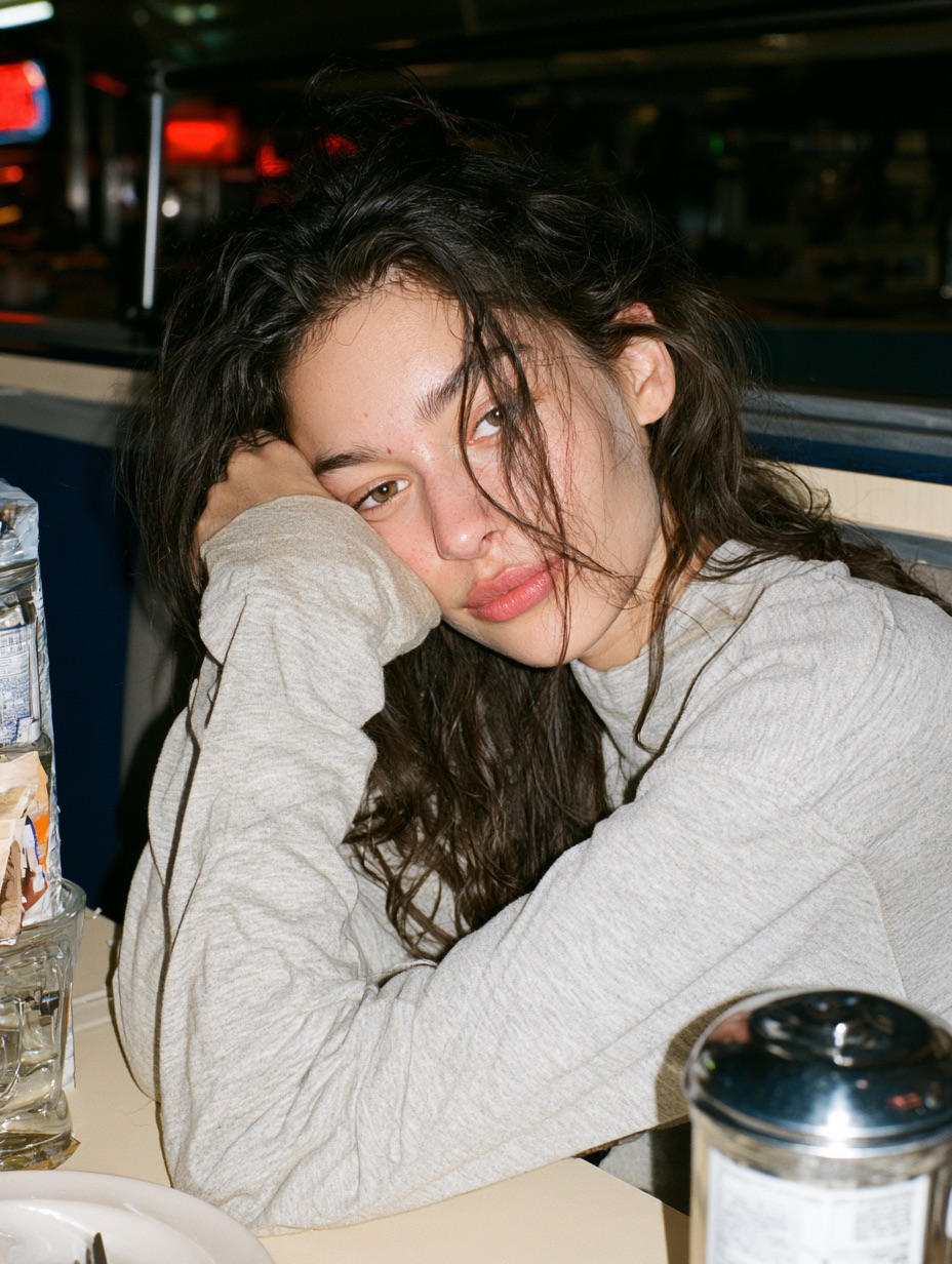 A direct flash snapshot of a young woman sitting at a late-night diner table with stark lighting and sharp shadows.