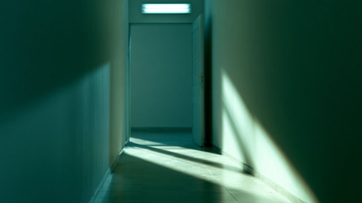 A disquieting empty hallway late at night, lit by a harsh fluorescent glow that casts long, unnerving shadows.