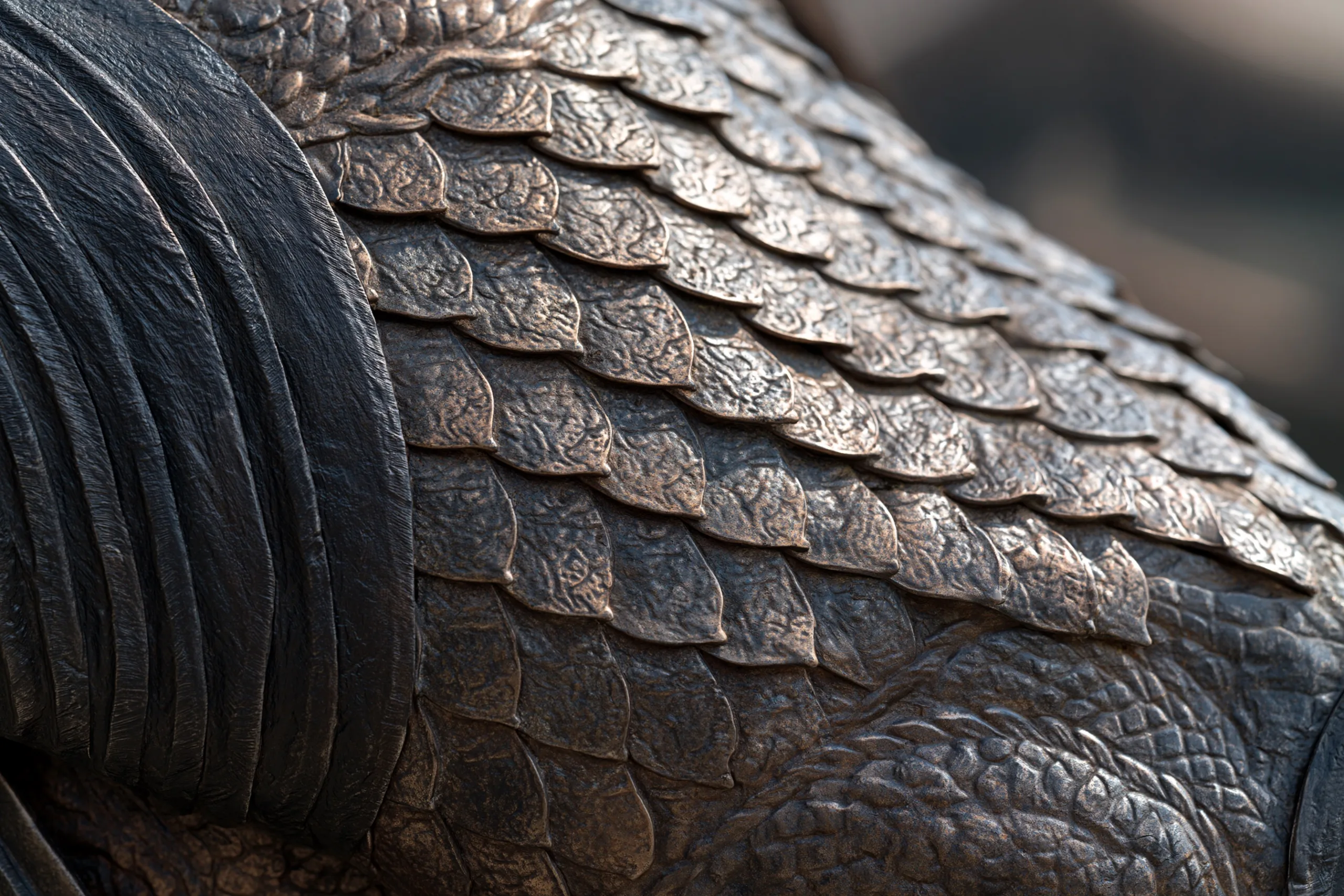 Close-up of ancient bronze plate armor featuring intricate dragon scale patterns that catch the dim candle light of a mountain temple.