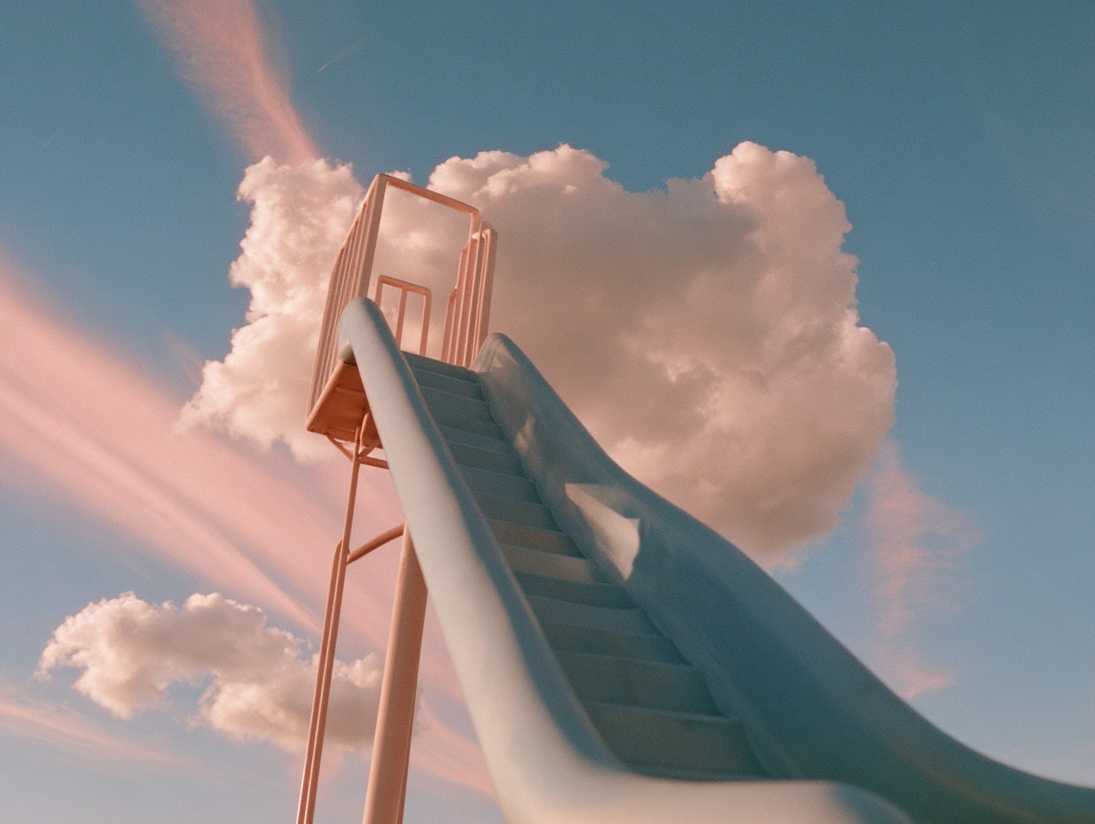 A lonely playground slide on a grassy hill under a pastel sky, rendered in the surreal Dreamcore aesthetic.