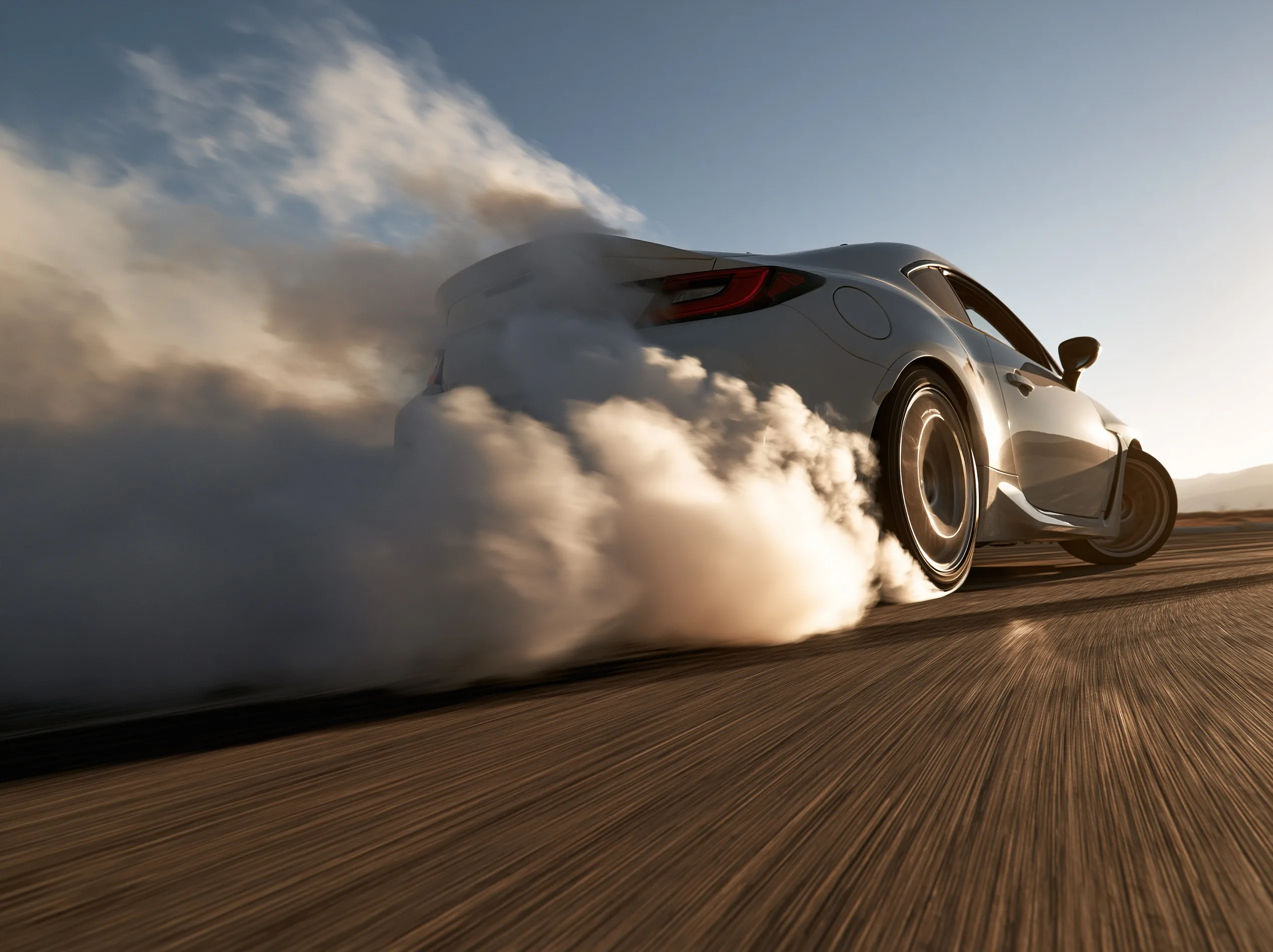 A sports car drifting around a corner, leaving a dramatic trail of drift smoke that fills the frame.