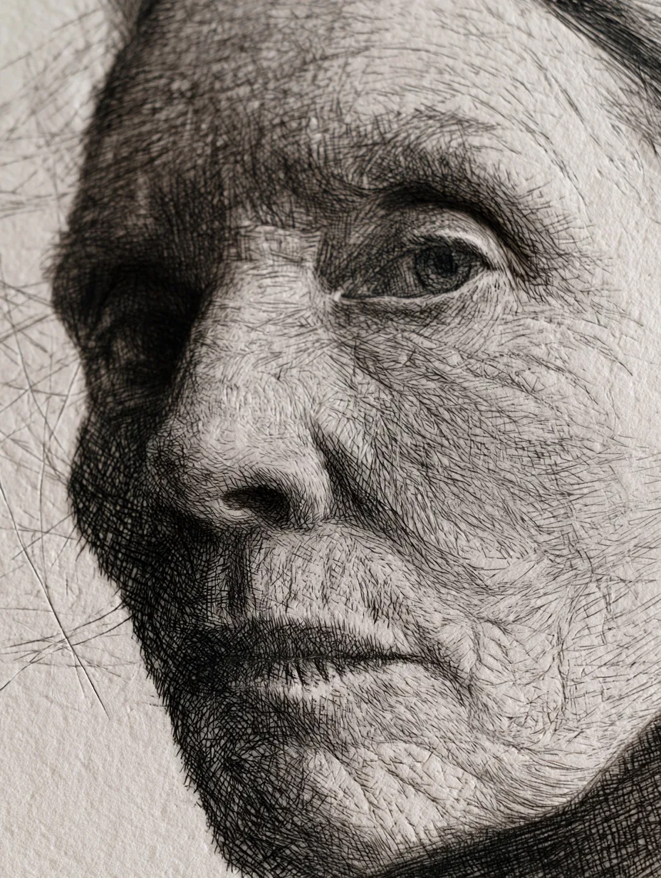 A portrait of a woman etched in drypoint, showing scratchy lines and soft, velvety burr edges on textured paper.