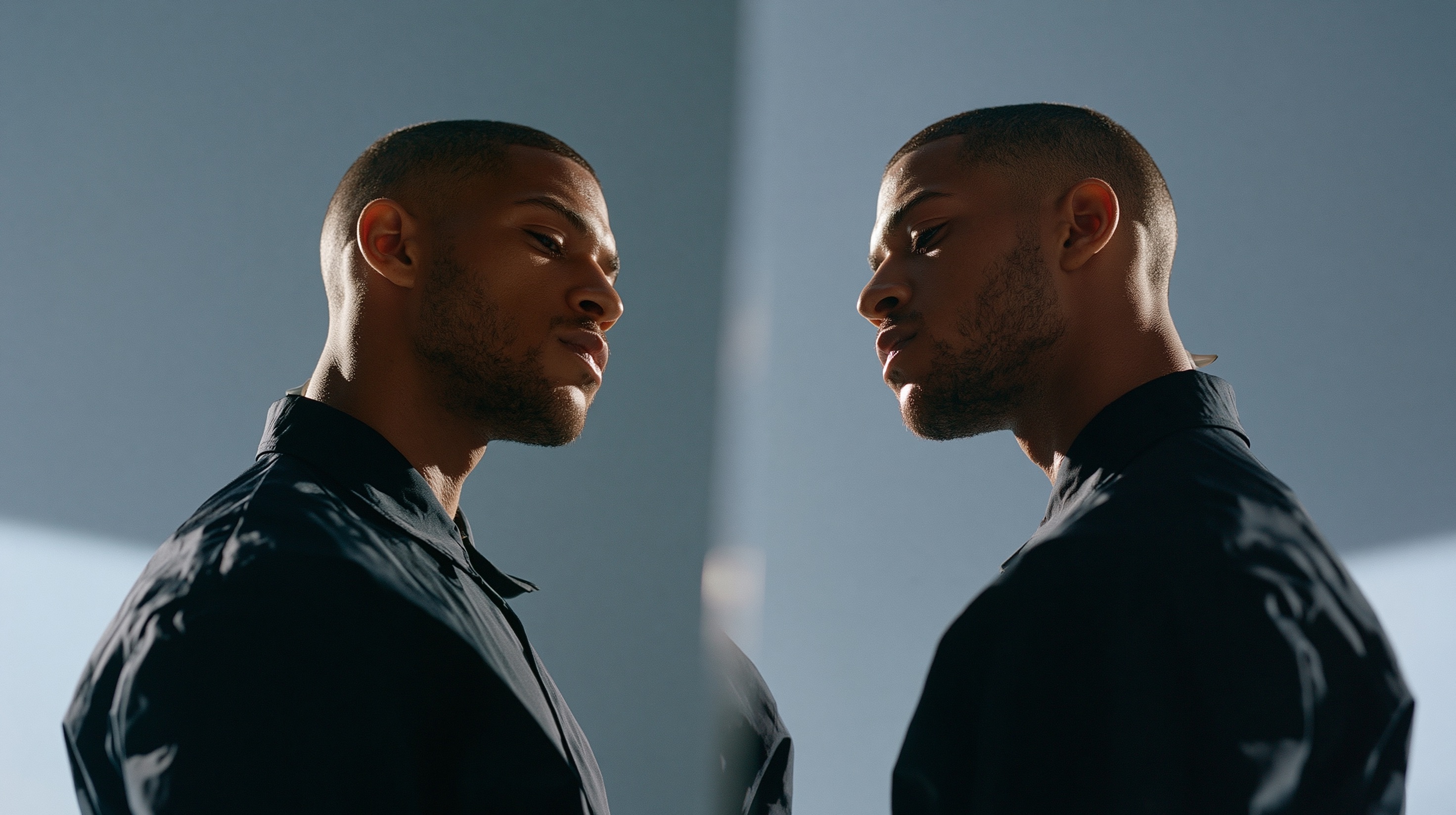 A dual profile framing composition of two identical men in dark turtlenecks facing each other against a slate grey backdrop.