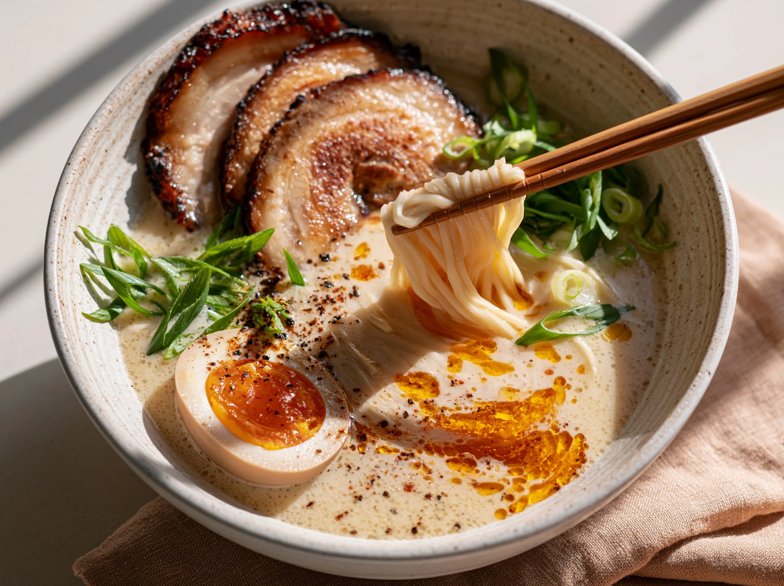 japanese food, A steamy bowl of tonkotsu ramen featuring a rich, creamy emulsified broth with tiny glistening oil droplets swirling on the surface.