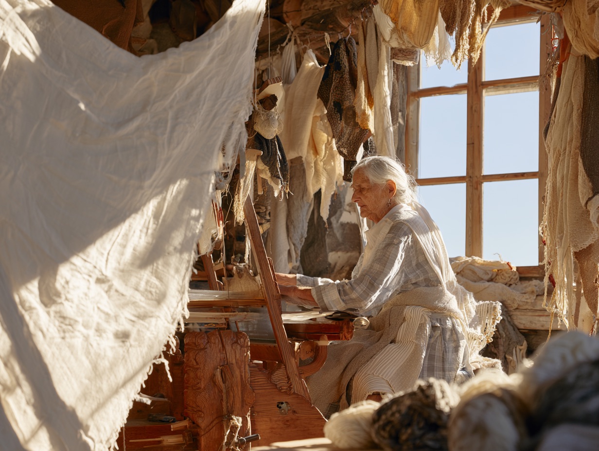 An environmental portraiture photograph of an artisan weaver sitting at a wooden loom surrounded by colorful yarns.