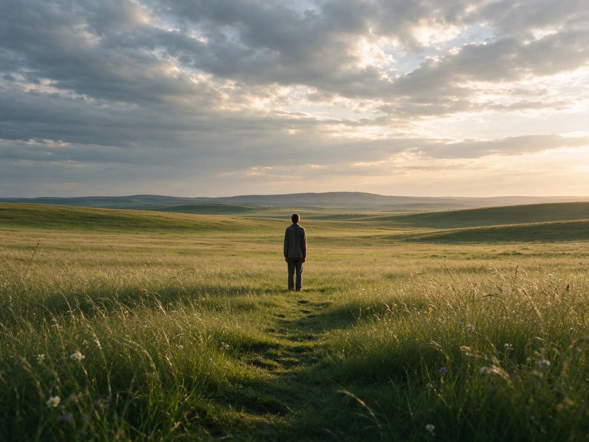 A person stands in a grassy field in an extreme long shot, with a wide sky and distant horizon.