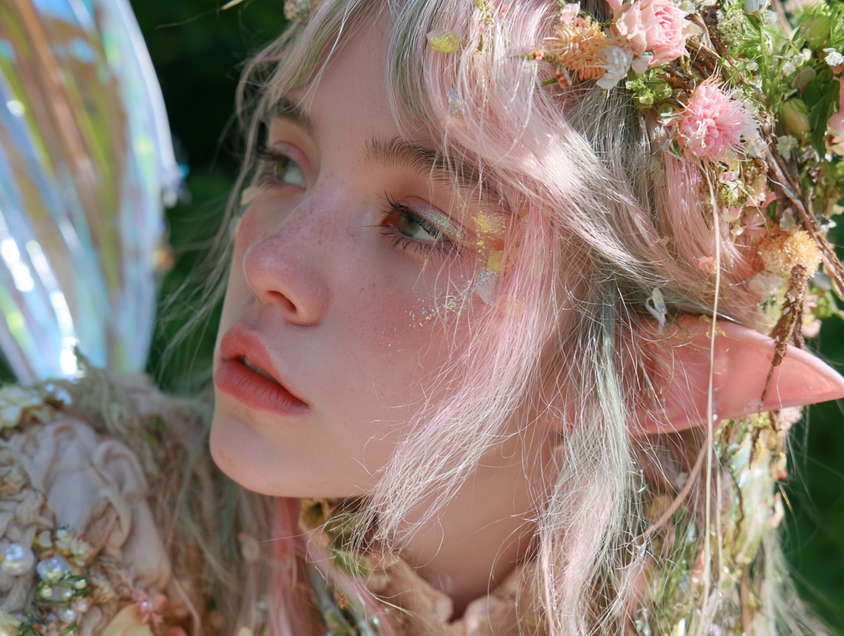 A young woman draped in gossamer and moss embodies the whimsical Fairycore aesthetic in soft woodland light.