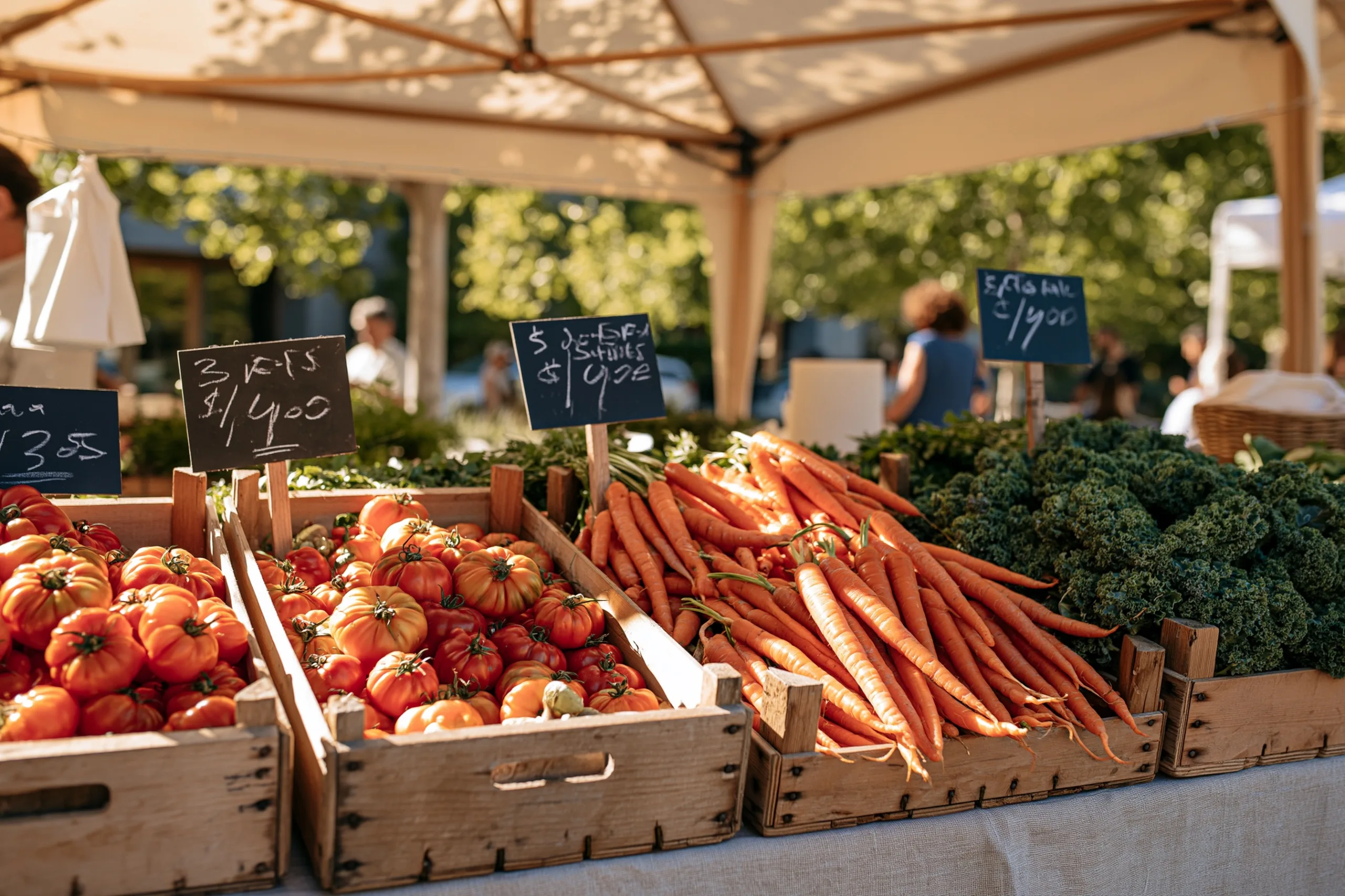 Sunlight filters through a canvas canopy onto a bustling farmers market stall piled high with heirloom tomatoes and fresh herbs.