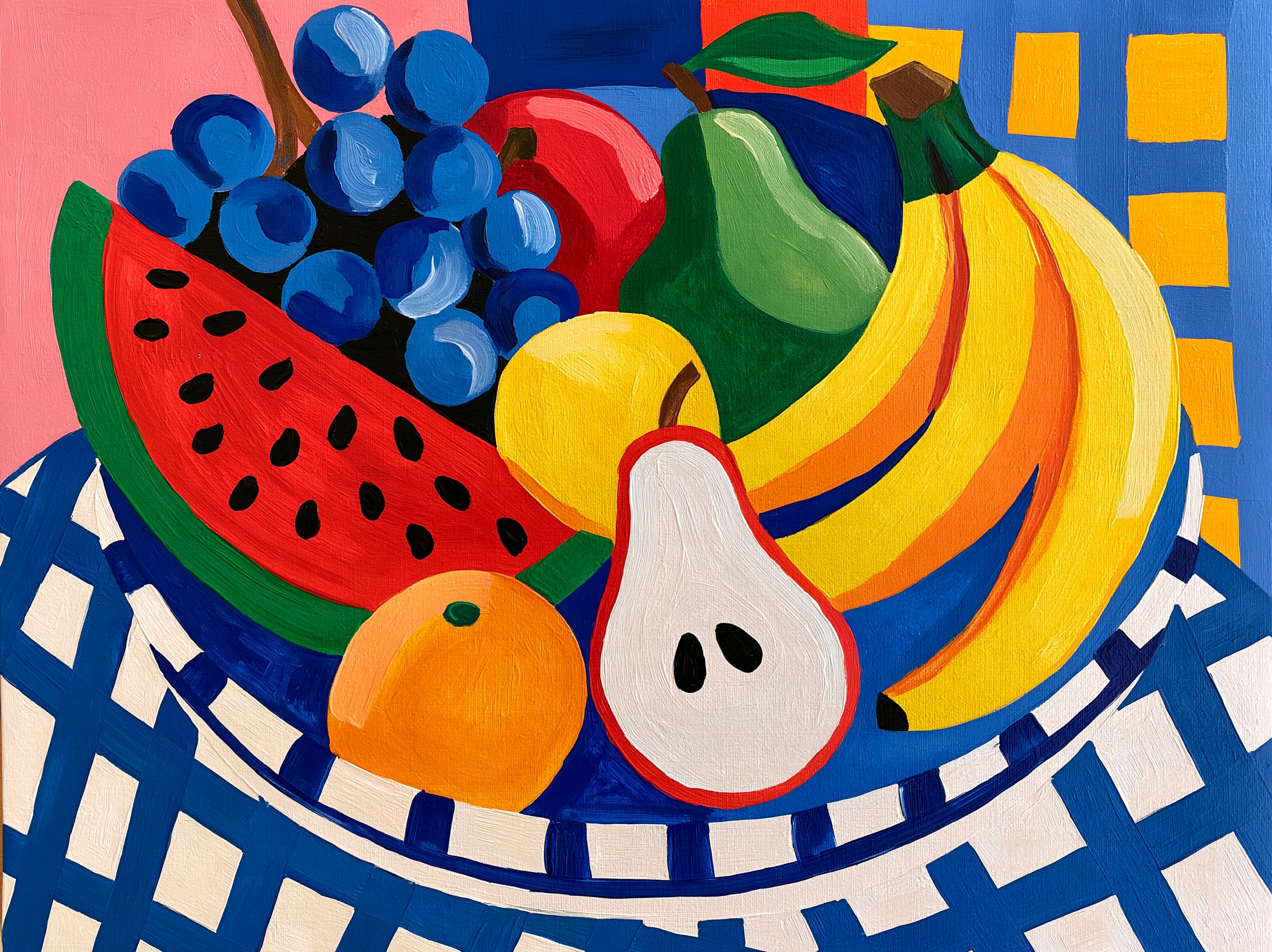 A fauvism painting of a bowl of fruit.