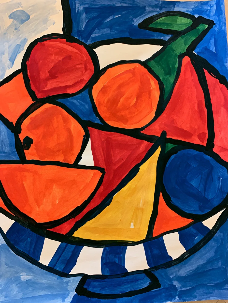A still life of fruit in a bowl painted in a Fauvist palette with vivid reds, oranges, and blues.