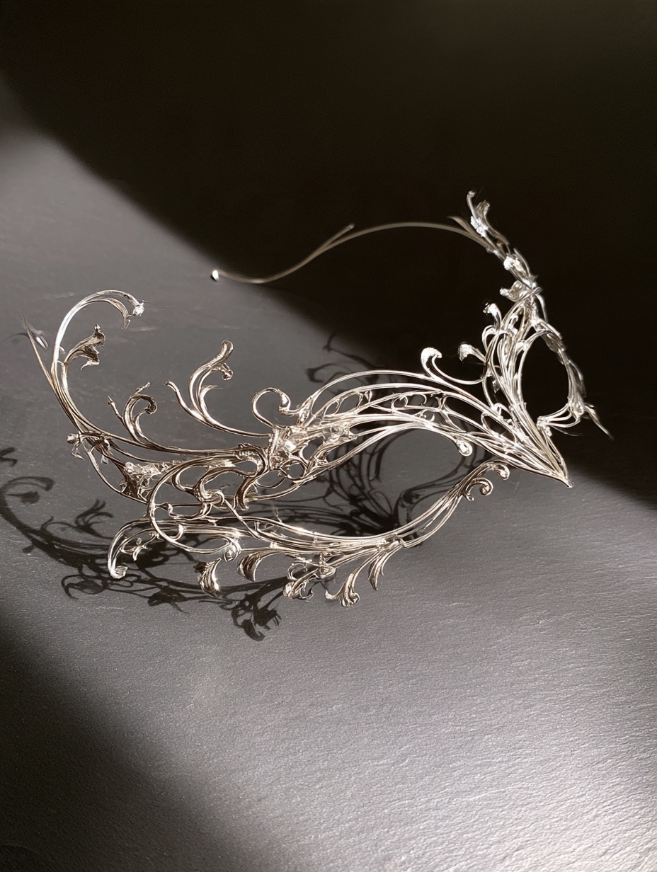 A delicate masquerade mask crafted from polished silver filigree with sweeping botanical loops on dark slate.