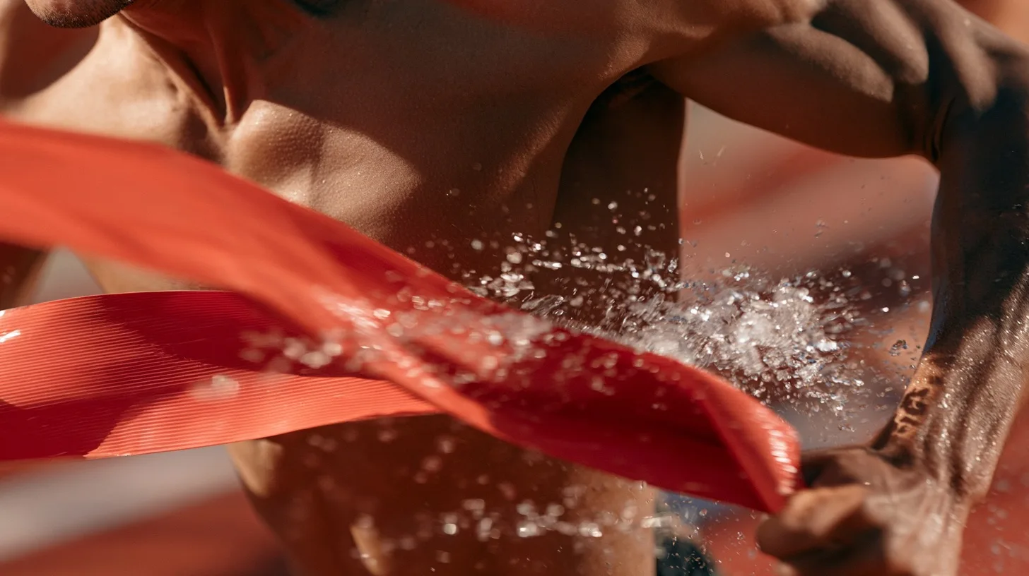 A close-up of a red finish line tape snapping across the chest of an elite sprinter crossing the track's end.