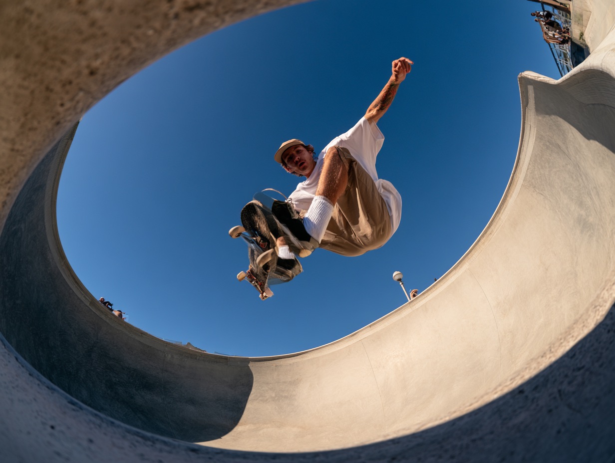 A skater mid-jump in a concrete bowl, shot through a fisheye lens as the entire park bulges into a dramatic sphere.