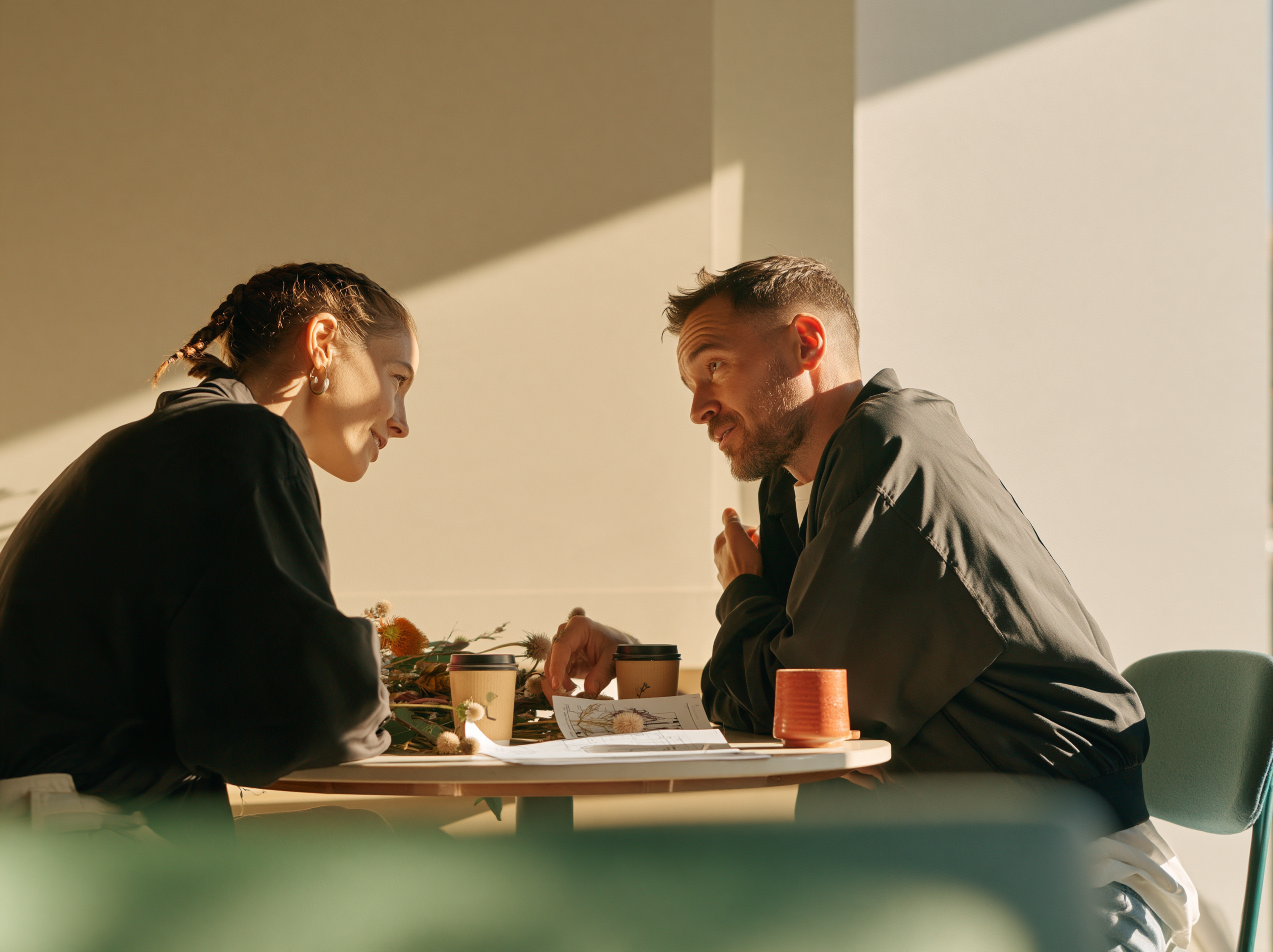 A florist with braided hair and a café owner lean across a small round table, loose stems and a printed plan between their coffee cups.
