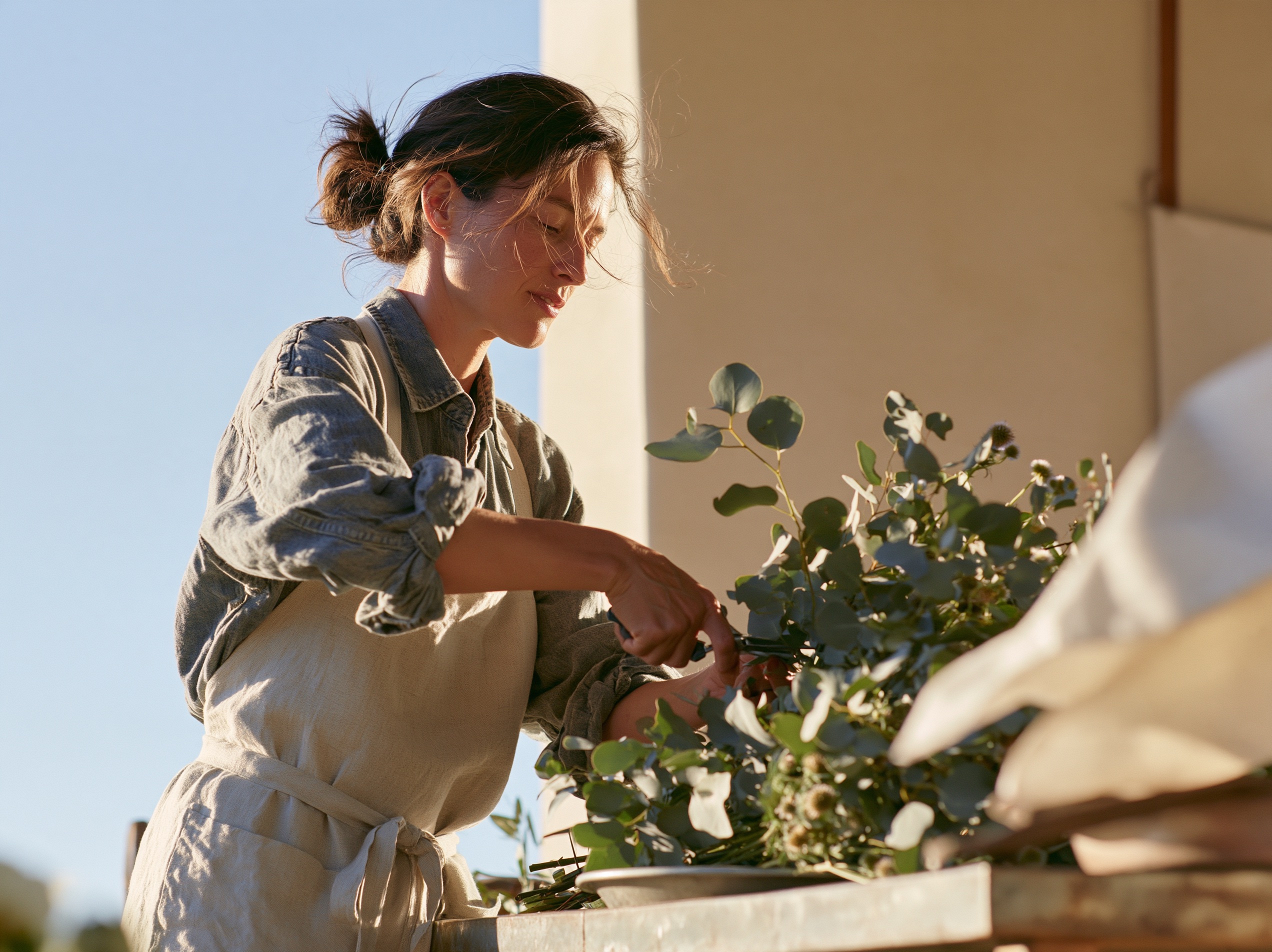 A florist trims eucalyptus branches over a zinc table in a sunlit studio, seen from the side in soft warm light.