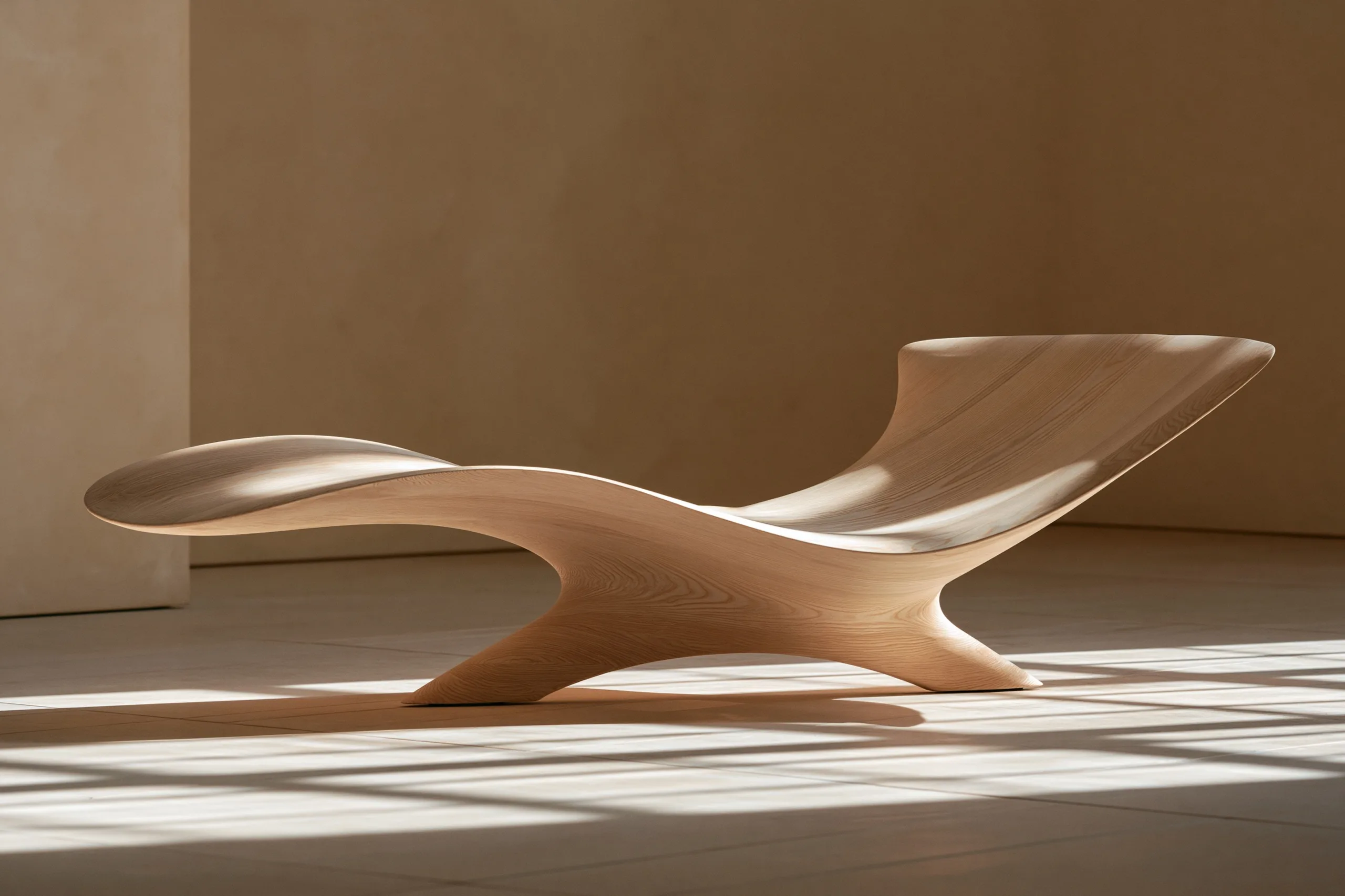 A sculptural lounge chair exemplifying fluid minimalist furniture sits in a serene, sunlit room, its continuous wooden form curving like a single ribbon.