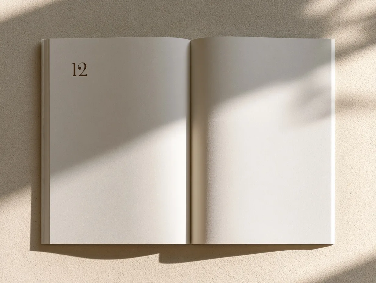A spread of two aged book pages with the folio number '12' set in a serif typeface in the top-left corner of the left page.