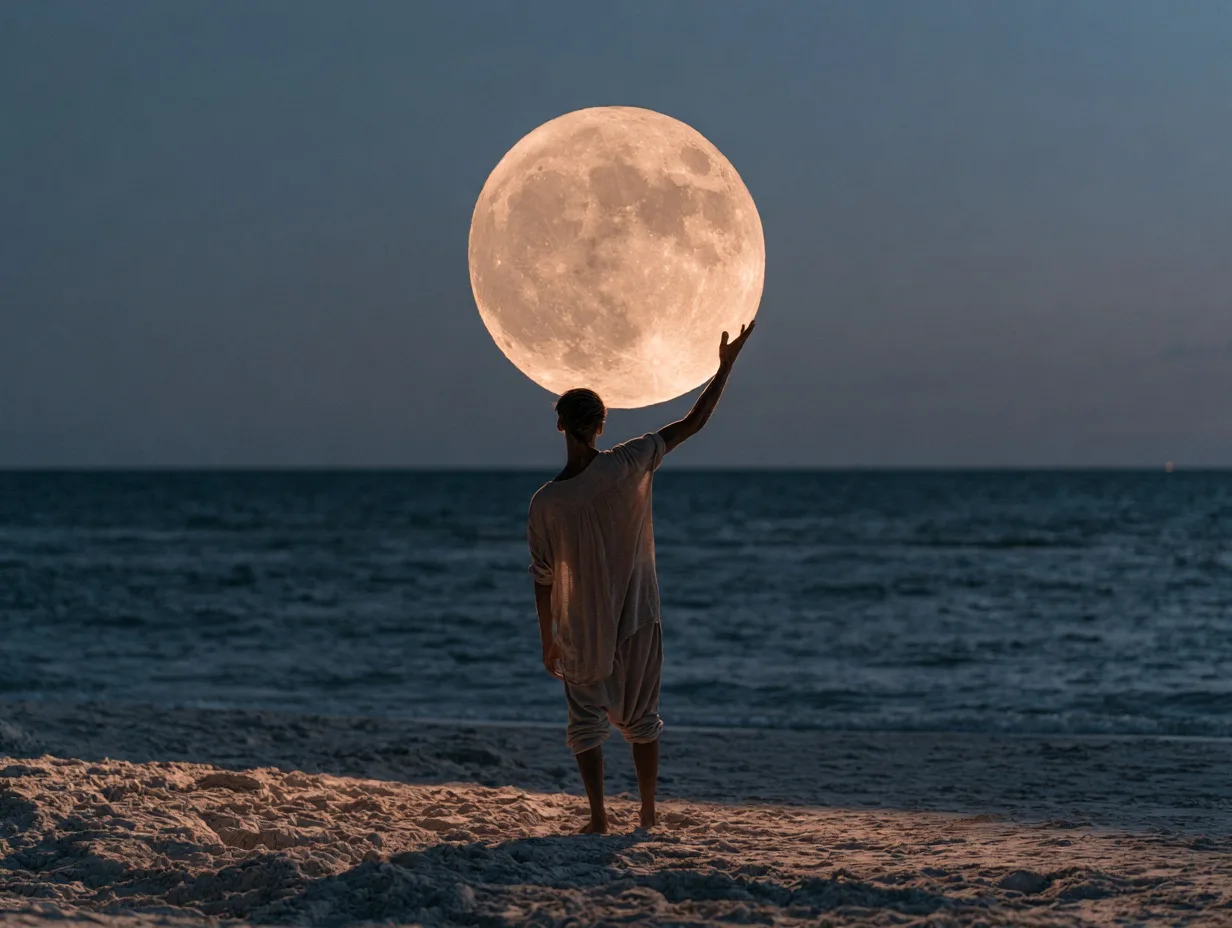 A silhouette of a person at dusk uses forced perspective to appear as if they are holding the giant moon in their outstretched hand.