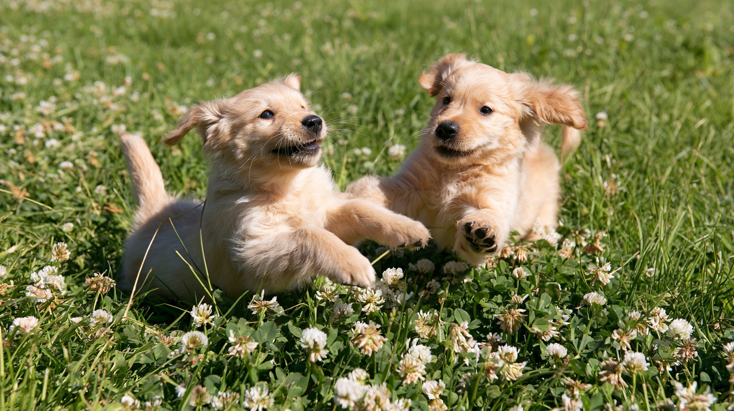 Two frolicsome golden retriever puppies tumble and pounce through a sunlit green meadow.
