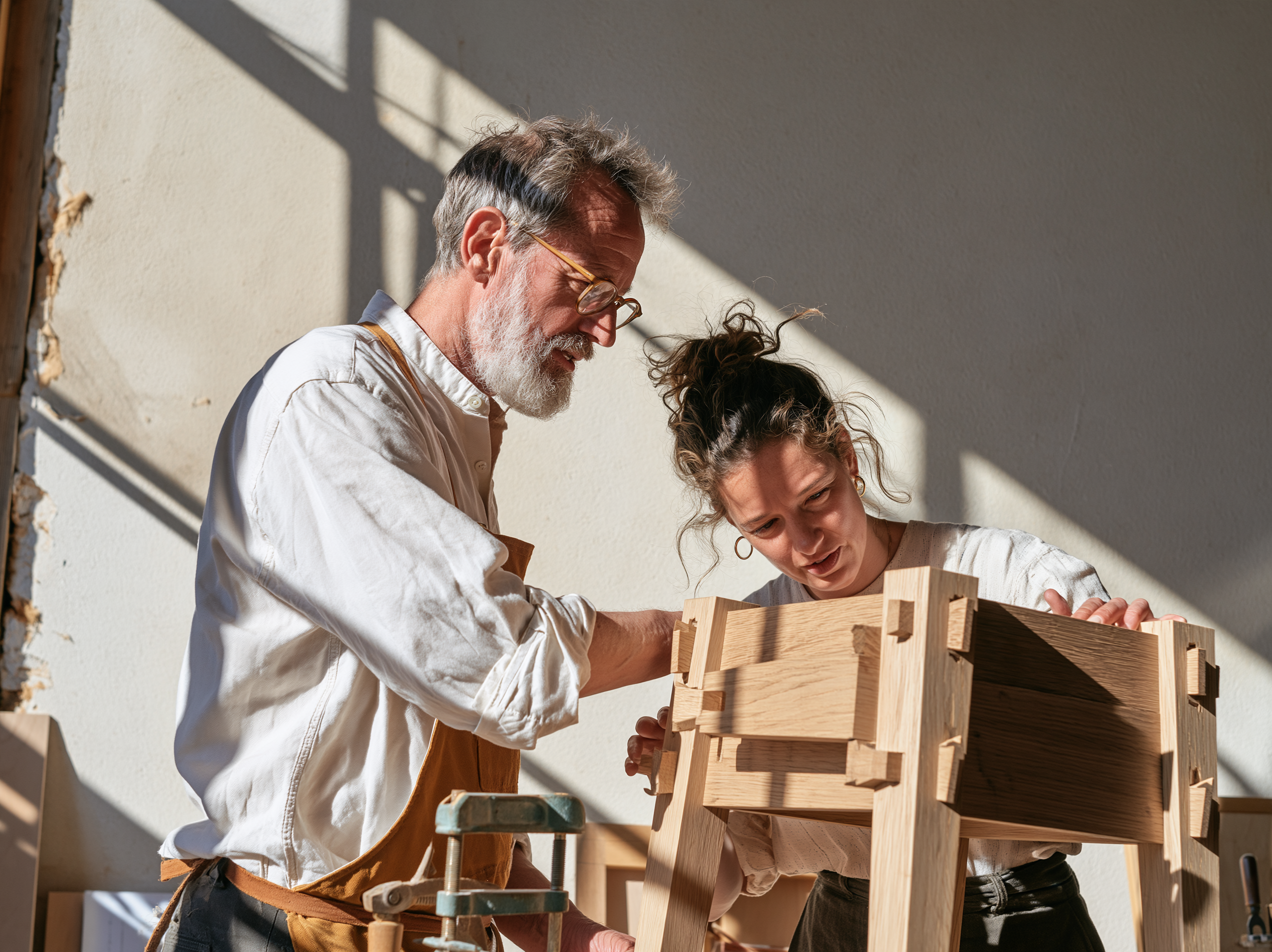 A grey-bearded furniture maker points out a dovetail joint on an oak stool to a client in a plaster-walled workshop.