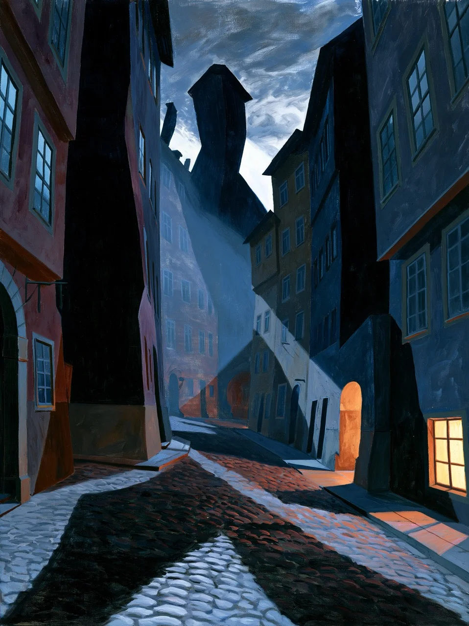 A dark cobblestone street under a looming, distorted tower rendered in the dramatic shadows of german expressionism.
