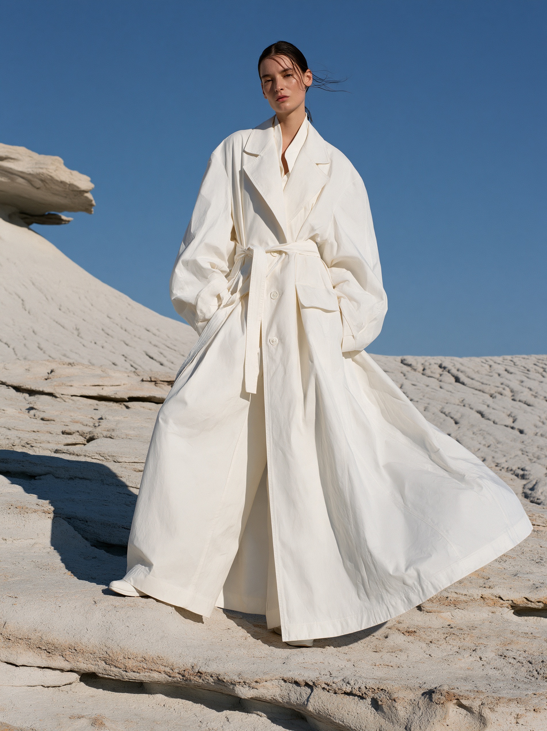 A minimalist tailored coat in ghostwhite fabric hung against a neutral studio backdrop.