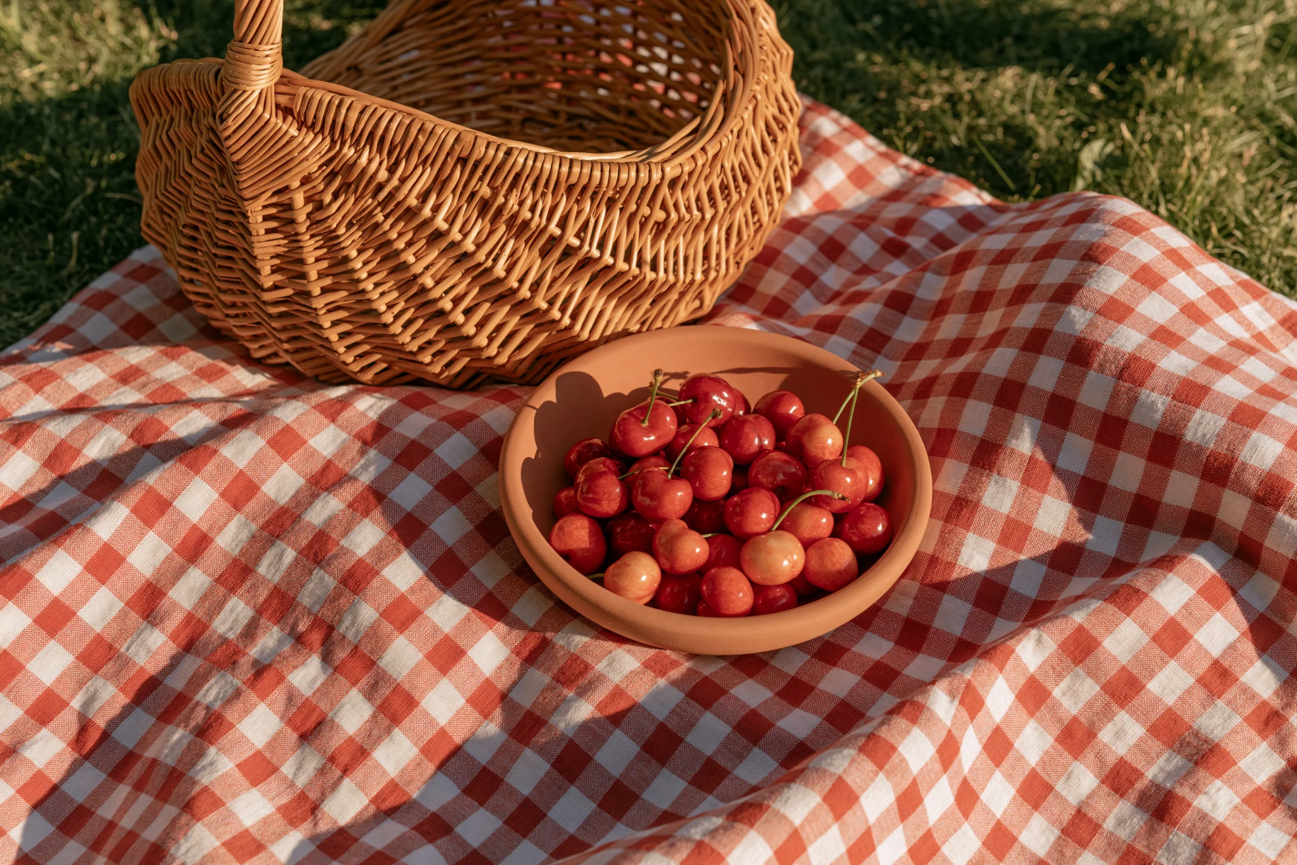 A red-and-white gingham picnic blanket laid on green grass, holding a rustic wicker basket and a bowl of cherries.