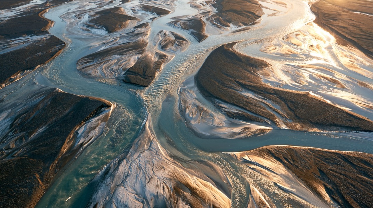 Aerial view of a glacial braided river weaving turquoise silt channels across dark gravel flats.