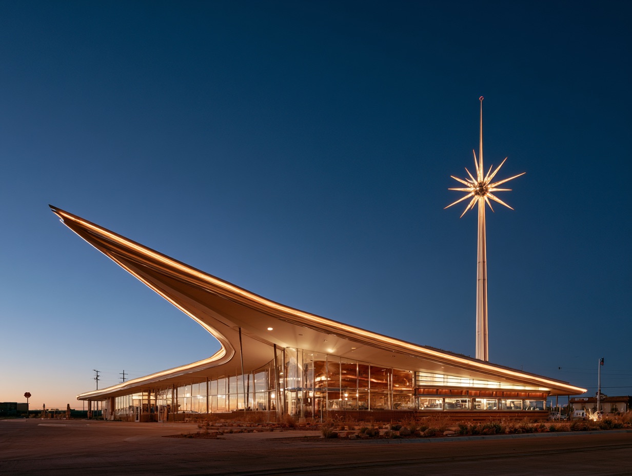 A 1950s roadside diner rendered in Googie architecture with glowing neon trim and a sweeping roof under twilight.